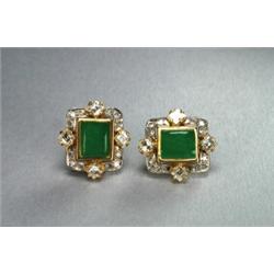 PAIR OF 18K YELLOW GOLD AND 14K WHITE GOLD STUD BACK EARRINGS, each bezel set with a rectangular...