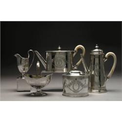 VICTORIAN SILVER TEA AND COFFEE SERVICE, of plain oval form, engraved with flowering foliage, gar...