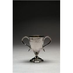 GEORGE III SILVER TWO-HANDLED CUP, the ovoid body and scroll handles with reeded borders on a cir...