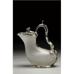 EARLY VICTORIAN SILVER MOUNTED FROSTED GLASS WINE EWER, in the form of a stylised ancient Greek a...