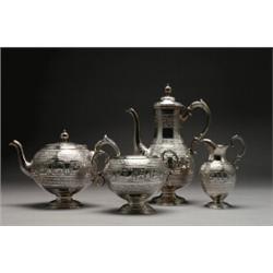 ASSEMBLED VICTORIAN SILVER TEA AND COFFEE SERVICE, each globular body with repoussT and chased Ea...