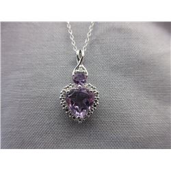 Double Heart Amethyst & Diamond Pendant with Chain