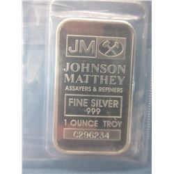 .999 Fine Silver Johnson Matthey Bar