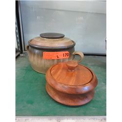 Glazed ceramic bean pot & wood bowl