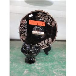 Vintage black glass dessert server & bowl