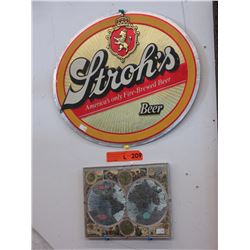 Cardboard "Stroh's" sign & foil map