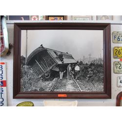 Large framed print of a vintage train crash