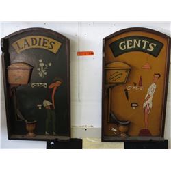 Pair of wood "Ladies" & "Gents" washroom signs