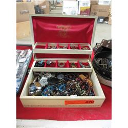 Vintage leatherette jewelry box & contents