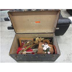Vintage metal bound trunk & contents