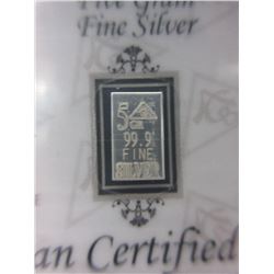 5 x .999 Fine Silver Certified Bullion Bars