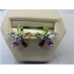 Multi-gemstone & Diamond Flower Design Earrings
