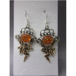New - Orange Baltic Amber Fairy Motif Earrings
