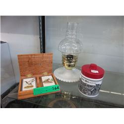 Milk Glass lamp, German jar & more