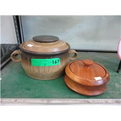 Glazed ceramic bean pot & lidded wood bowl