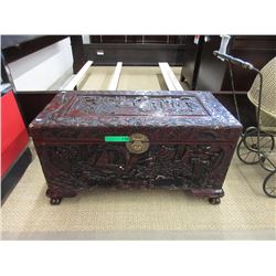 Carved wood trunk & contents -  music cd's