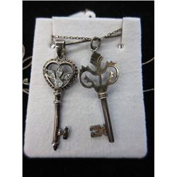 2 Vintage Silver "Key" Pendants with chains