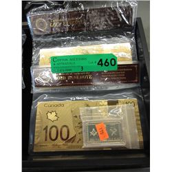 2 Gold foil novelty bank notes & "Masonic" art bar