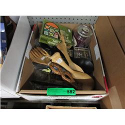 Plastic souvenirs, wood fork & spoons & more