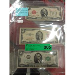 3 USA $2 banknotes