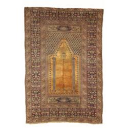 A SILK TURKISH PRAYER RUG, early 20th century, an open gold field with hanging lanturn within two...