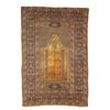 A SILK TURKISH PRAYER RUG, early 20th century, an open gold field with hanging lanturn within two...