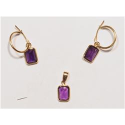 14KT GOLD AMETHYST QUARTZ PENDANT & HOOP