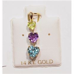 14KT GOLD PERIDOT, AMETHYST & BLUE TOPAZ PENDANT