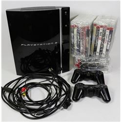 PS3 WITH 18 PS3 GAMES, 2 CONTROLLERS, & CORDS