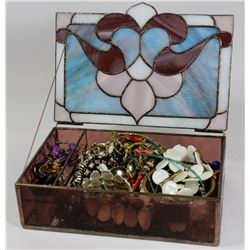 STAINED GLASS JEWELLERY BOX WITH CONTENTS
