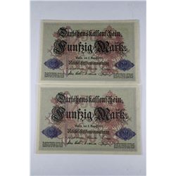 LOT OF 2 IMPERIAL RUSSIAN  1914 50 RUBLE NOTES