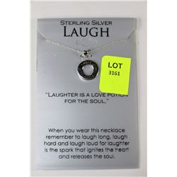 STERLING SILVER ROUND "LAUGH" PENDANT ON CHAIN