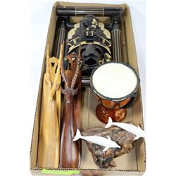 FLAT OF WOODEN ANIMAL CARVINGS AND JOHN PERRY ART