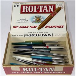 LOT OF VINTAGE PARKER PENS IN OLD CIGAR BOX