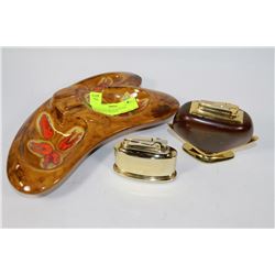 BRASS AND BRASS & WOOD LIGHTER & ASHTRAY