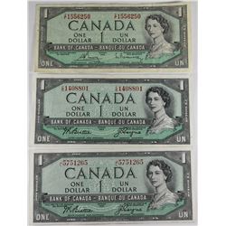 LOT OF 3-1954 CANADIAN $1 BANK NOTES