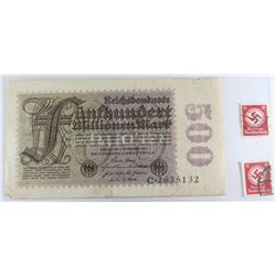1923- GERMAN 500 MARKS BILL WITH 2 NAZI STAMPS