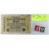 Image 1 : 1923 NAZI AERA BANK NOTE AND STAMPS