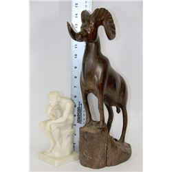 WOOD CARVED RAM AND THE THINKER SCULPTURE MADE IN