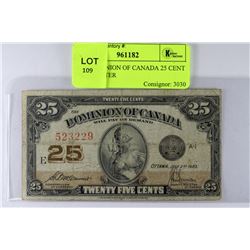1923 DOMINION OF CANADA 25 CENT SHINPLASTER