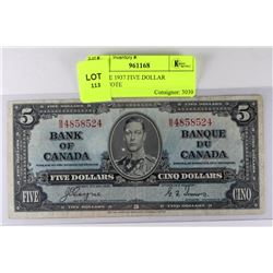 SCARCE 1937 FIVE DOLLAR BANKNOTE
