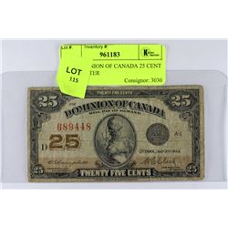 1923 DOMINION OF CANADA 25 CENT SHINPLASTER