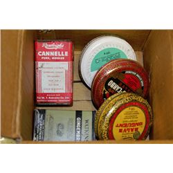 BOX WITH ASSORTED VINTAGE TINS *MOSTLY WATKINS*