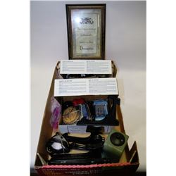 BOX WITH MISC. COASTERS,CRIB BOARD,PLATE HOLDERS,