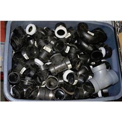 BLUE BIN FULL OF 1 1/2 INCH PVC FITTINGS -