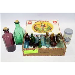 OLD CIGAR BOX OF VINTAGE COLORED GLASS BOTTLES