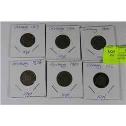 LOT OF 6 GERMANY 10 PFENNIG COINS DATED 1900,1908,