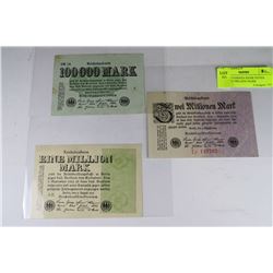 LOT OF 3 GERMAN BANK NOTES INCL.TWO MILLION MARK