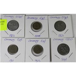 LOT OF 6 GERMANY 5 & 50 PFENNIG COINS DATED 1908,