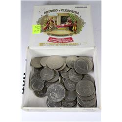 CIGAR BOX WITH 35-HALF AND 11-ONE DOLLAR  US COINS